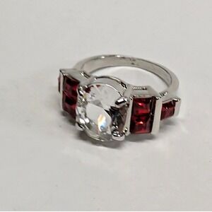 New Cocktail Ring Womens Size 9.5 Silver Tone Clear Red Oval Square Stones BLEM